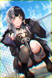 1girl aircraft airplane black_boots black_choker black_coat black_dress black_hair black_panties black_thighhighs boots breasts chain-link_fence choker cleavage closed_mouth coat contrail day dress fence fur-trimmed_coat fur_trim grey_hair hololive hololive_english jewelry large_breasts long_hair multicolored_hair outdoors panties ribbon ring shiori_novella shiori_novella_(1st_costume) single_thighhigh smile solo split-color_hair squatting thighhighs two-tone_hair underwear virtual_youtuber white_ribbon yellow_eyes yorick_(shiori_novella) zen_kazuo