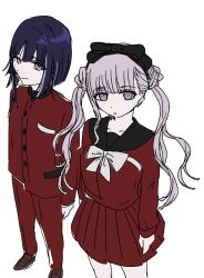 1boy 1girl brother_and_sister full_body highres long_hair long_sleeves looking_at_viewer pink_eyes pink_hair pleated_skirt purple_eyes purple_hair siblings simple_background skirt the_hundred_line_-last_defense_academy- tsukumo_ima tsukumo_kako twins twintails white_background