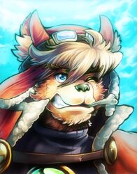 1boy animal_ears blue_eyes blue_sky bone_in_mouth cloud commentary dani_oliver dog_boy dog_ears english_commentary furry furry_male goggles goggles_on_head grin little_tail_bronx male_focus one_eye_closed red_savarin sky smile solatorobo upper_body