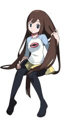 1girl black_pantyhose blue_eyes brown_hair closed_mouth full_body hair_brush hair_down highres himurohiromu holding holding_hair_brush long_hair nintendo pantyhose pokemon pokemon_bw2 rosa_(pokemon) shirt shorts solo very_long_hair white_background yellow_shorts