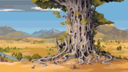 blue_sky commentary day english_commentary franrekk grass highres horizon landscape mountain mountainous_horizon nature no_humans original outdoors pixel_art rock scenery sky stairs tree