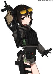 1girl absurdres bamiko_(nanju_bami) black_gloves brown_eyes brown_hair bulletproof_vest glock gloves grey_panties gun hair_between_eyes handgun headset highres holding holding_gun holding_weapon kriss_vector looking_at_viewer medium_hair military_combat_uniform military_uniform multicolored_hair nanju_bami original panties short_shorts shorts simple_background submachine_gun thighs twintails two-tone_hair underwear weapon white_background