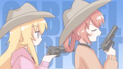 Rule 34 | 2girls, artist request, blonde hair, blue eyes, blush, brown headwear, closed eyes, commentary request, copyright name, cowboy hat, finger on trigger, from side, gabriel dropout, gabriel tenma white, gun, hair rings, handgun, hat, highres, holding, holding gun, holding weapon, long hair, long sleeves, looking at another, multiple girls, open mouth, orange sweater, pink sweater, pointing, pointing at another, aiming, profile, red hair, revolver, satanichia kurumizawa mcdowell, sweater, weapon