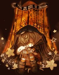 Rule 34 | 1girl, = =, agedo, belt, black boots, black cloak, black skirt, black tube top, boots, checkered clothes, checkered skirt, circuit board, claudia (madoka magica), cloak, closed eyes, cowlick, curtains, detached sleeves, full body, goggles, goggles on head, grey hair, highres, hood, hood up, hugging object, magia record: mahou shoujo madoka magica gaiden, magical girl, mahou shoujo madoka magica, midriff peek, miwa mitsune, orange cloak, orange legwear, orange sleeves, orange theme, pantyhose, sad, short hair, sitting, skirt, solo, sparkle, star (symbol), strapless, striped clothes, striped legwear, striped pantyhose, striped sleeves, stuffed squid, style request, swept bangs, teardrop, tube top, two-sided cloak, two-sided fabric, two-tone cloak
