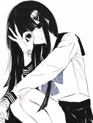 Rule 34 | 1girl, bandaged wrist, bandages, black eyes, black hair, black sailor collar, black skirt, blue bow, blue bowtie, bow, bowtie, chinese commentary, closed mouth, commentary request, hair ornament, hairclip, highres, long hair, looking at viewer, ok sign, ok sign over eye, original, sailor collar, school uniform, self-harm scar, serafuku, shirt, shuishuisama, simple background, skirt, solo, squatting, white background, white shirt