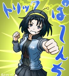 Rule 34 | black hair, blue eyes, blue jacket, breasts, clenched hands, collarbone, commentary request, girls und panzer, girls und panzer phase erika, haiiro purin, headband, jacket, keizoku military uniform, miniskirt, open clothes, skirt, touko (girls und panzer), translation request