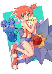 1girl armpits asymmetrical_hair azurill breasts denim denim_shorts gen_1_pokemon gen_2_pokemon gen_3_pokemon green_eyes green_shorts misty_(pokemon) navel nintendo pokemon pokemon_(anime) pokemon_(classic_anime) ponytail shirt shoes short_hair short_shorts shorts side_ponytail solo starmie suspender_shorts suspenders tank_top togepi yellow_shirt
