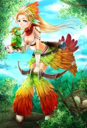 10s 1girl animal_on_arm bent_over bird bird_on_arm blonde_hair blue_eyes blue_sky bow_(weapon) breasts bush chain_chronicle cleavage day earrings egg feathers female_focus front-tie_top gloves headdress highres jewelry lake long_hair medium_breasts midriff mountain nest original quiver skirt sky smile solo sumimoto_ryuu tree weapon white_gloves