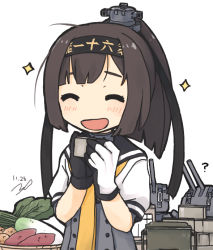 10s 1girl :d akizuki_(kancolle) bad_id bad_pixiv_id brown_hair chou-10cm-hou-chan dated food gloves hairband kantai_collection kikurina open_mouth ponytail potato radish school_uniform serafuku smile sweet_potato