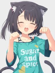 1girl :d ^_^ animal_ear_fluff animal_ears aqua_shirt black_hair blush cat_ears cat_girl cat_tail closed_eyes clothes_writing cofetaru collarbone commentary dracu-riot! english_text extra_ears facing_viewer hair_ornament hairclip hands_up happy heart heart_print highres kemonomimi_mode medium_hair mera_azusa one_side_up open_mouth parallel_hairclips paw_pose print_shirt shirt short_sleeves simple_background single_bare_shoulder smile solo t-shirt tail teeth upper_body upper_teeth_only white_background wide_sleeves