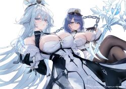 2girls azur_lane blue_hair breasts capelet chapayev_(azur_lane) coat coat_dress colored_eyelashes dress freng fur-trimmed_coat fur_capelet fur_trim hat highres holding holding_scepter ice_crystal long_bangs military_hat multiple_girls official_art pantyhose scepter simple_background sovetsky_soyuz_(azur_lane) white_background white_hair