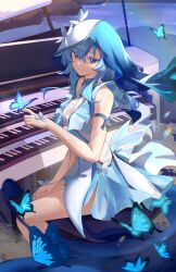 Rule 34 | 1girl, absurdres, armlet, blue butterfly, blue dress, blue eyes, blue hair, blue veil, breasts, bug, butterfly, butterfly on hand, closed mouth, colored eyelashes, commentary, dress, english commentary, grand piano, hair between eyes, highres, insect, instrument, jewelry, large breasts, long hair, looking at viewer, piano, shorekeeper (wuthering waves), sitting, sleeveless, sleeveless dress, smile, solo, tiri, two-tone veil, veil, white veil, wuthering waves