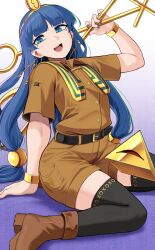 1girl :d absurdres baketsuya belt black_thighhighs blue_eyes blue_hair boots bracelet brown_boots brown_shirt brown_shorts collared_shirt earrings facial_mark gold_bracelet gold_hairband gradient_background hairband highres holding jewelry key_earrings long_hair looking_at_viewer low-tied_long_hair michigami_nareko open_mouth pyramid_(geometry) shirt shorts sitting smile solo thighhighs touhou triangle triangle_facial_mark usekh_collar wariza