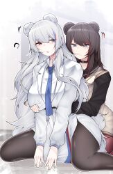 1girl 2girls ? absurdres animal_ears arknights bear_ears bear_girl belt_collar black_collar black_sailor_collar blue_eyes blue_hair blue_necktie breasts closed_mouth collar collared_shirt grabbing_another&#039;s_breast grey_eyes groping heterochromia highres large_breasts long_hair long_sleeves motion_lines multiple_girls necktie pantyhose parted_lips red_eyes red_hair red_pantyhose rosa_(arknights) sailor_collar samip shirt white_hair yuri zima_(arknights)