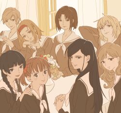 55bata6rou 6+girls arms_behind_head arms_up black_eyes black_hair black_shirt blonde_hair blunt_bangs bouquet braid brown_eyes brown_hair brown_shirt cup curtains flower fukuzawa_yumi hairband hands_on_another&#039;s_shoulders hands_up hasekura_rei highres holding holding_cup indoors lillian_girls&#039;_academy_school_uniform long_hair long_sleeves looking_at_viewer looking_back maria-sama_ga_miteru mizuno_youko multiple_girls neckerchief ogasawara_sachiko open_mouth open_window own_hands_together parted_bangs red_hairband sailor_collar satou_sei school_uniform shimazu_yoshino shirt short_hair smile table teacup torii_eriko toudou_shimako twin_braids twintails upper_body vase white_neckerchief white_sailor_collar window