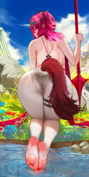 1girl absurdres ass back bao_(pixiv_99415611) barefoot black_bow black_panties blue_sky blush bow breasts commentary day earrings feet from_behind grass hair_bow hairband highres holding holding_polearm holding_weapon jewelry large_breasts leggings looking_at_viewer looking_back lupa_(wuthering_waves) median_furrow metal_hairband outdoors panties panties_visible_through_clothes pink_hair polearm shoulder_blades sky soles solo stirrup_legwear tacet_mark_(wuthering_waves) tail toeless_legwear toes topless_female underwear variant_set weapon white_leggings wolf_tail wuthering_waves yellow_eyes