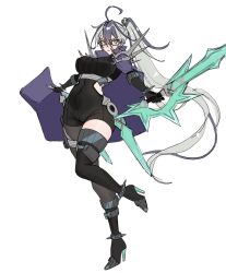 13addendum 1girl ahoge asymmetrical_legwear black_leotard blue_hair breasts fate/grand_order fate_(series) full_body genderswap genderswap_(mtf) glasses green_eyes grey_hair hair_between_eyes high_heels highres hip_vent holding holding_sword holding_weapon large_breasts leotard long_hair multicolored_hair pouch sigurd_(fate) sketch solo spiked_anklet sword thigh_pouch thighhighs two-tone_hair weapon zettai_ryouiki