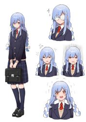 1girl absurdres alternate_costume bag blazer blue_hair blue_skirt bow braid breasts coke-bottle_glasses glasses hair_bow hair_ornament highres holding holding_bag hololive jacket kneehighs mikan_(chipstar182) multiple_views necktie open_mouth plaid_clothes plaid_skirt rabbit_hair_ornament red_neckwear school_bag school_uniform skirt small_breasts socks sparkle spiral surprised trembling twin_braids usada_pekora virtual_youtuber white_bow white_hair