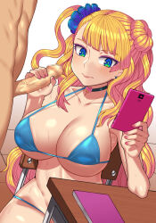 Rule 34 | 1boy, 1girl, bikini, black choker, blonde hair, blue bikini, blue eyes, blue scrunchie, blush, breasts, cellphone, censored, chair, choker, cleavage, closed mouth, collarbone, commentary request, desk, earrings, foreskin, galko, gyaru, hair ornament, hair scrunchie, handjob, heart, heart choker, hetero, holding, holding phone, jewelry, large breasts, mosaic censoring, multitasking, notebook, nt00, oshiete! galko-chan, penis, phimosis, phone, pink nails, school chair, school desk, scrunchie, sitting, smartphone, solo focus, swimsuit