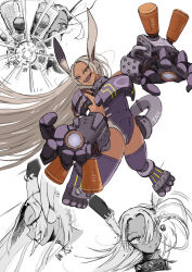 1girl absurdres alternate_costume animal_ears boku_no_hero_academia covered_abs covered_navel dark-skinned_female dark_skin dodging greyscale head_tilt highleg highleg_leotard highres labo81872874 leotard long_eyelashes long_hair looking_at_viewer mechanical_arms mechanical_ears mirko monochrome multiple_views open_mouth parted_bangs purple_leotard purple_thighhighs rabbit_ears rabbit_girl red_eyes sleeveless_turtleneck_leotard smile thick_thighs thighhighs thighs toned toned_female very_long_hair white_hair