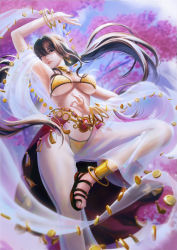 1girl anklet arm_up armpits bikini bracelet breasts brown_eyes brown_hair brown_sandals cherry_blossoms commentary commission dancer dancer_(ragnarok_online) earrings english_commentary foot_out_of_frame hair_between_eyes harem_pants highres hoop_earrings jewelry krit_parnsanay long_hair looking_at_viewer medium_breasts midriff navel pants ragnarok_online sandals see-through_clothes sequins shawl solo swimsuit tree white_pants yellow_bikini