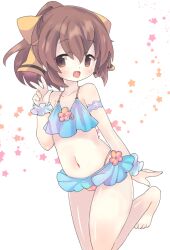 Rule 34 | 1girl, :d, alternate costume, bare shoulders, bikini, bow, brown eyes, brown hair, delthea (fire emblem), fang, fire emblem, fire emblem echoes: shadows of valentia, flat chest, hair between eyes, hair bow, leg up, navel, nintendo, open mouth, smile, solo, star (symbol), swimsuit, teu (navy), w, yellow bow