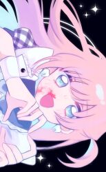 1girl :d black_background blood blood_on_face blue_eyes blue_hair collared_shirt colored_inner_hair commentary_request earrings frilled_shirt_collar frilled_wristband frills hands_up heart heart_hands highres jewelry long_hair looking_at_viewer multicolored_hair one_side_up open_mouth original pink_hair portrait shirt shizumu_(shi_zumu) short_sleeves sideways simple_background smile solo sparkle straight-on swept_bangs tooth_earrings two-tone_hair wind wristband
