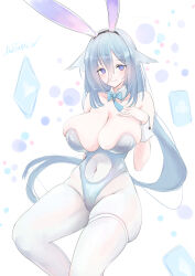 1girl animal_ears artist_name azur_lane blue_hair blue_leotard breasts cleavage clothing_cutout constellation_(azur_lane) constellation_(galaxy&#039;s_finest)_(azur_lane) detached_collar fake_animal_ears feet_out_of_frame hair_between_eyes hand_on_own_chest highres huge_breasts leotard livetarica long_hair looking_at_viewer navel_cutout official_alternate_costume pantyhose playboy_bunny purple_eyes rabbit_ears simple_background solo thigh_strap undersized_breast_cup very_long_hair white_background white_pantyhose