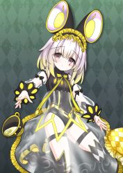 Rule 34 | 1girl, animal ears, asymmetrical legwear, black leotard, blonde hair, blush, checkered background, checkered pillow, checkered thighhighs, cup, detached sleeves, dot nose, duel monster, frilled hairband, frills, hairband, highres, langley1000, leotard, long sleeves, maliss &lt;p&gt; dormouse, medium hair, mouse ears, mouse girl, pink eyes, see-through clothes, see-through skirt, see-through sleeves, skirt, teacup, thigh strap, yu-gi-oh!