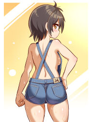 1girl ass backboob bare_shoulders breasts brown_eyes brown_hair cougar_(cougar1404) from_behind looking_at_viewer looking_back medium_breasts naked_overalls nari_(cougar1404) original overalls short_hair sideboob solo