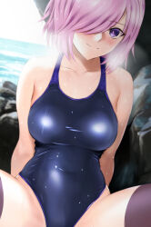 1girl black_one-piece_swimsuit black_thighhighs blush breasts closed_mouth collarbone covered_navel fate/grand_order fate_(series) large_breasts mash_kyrielight ocean one-piece_swimsuit outdoors purple_eyes purple_hair rock school_swimsuit shiny_clothes short_hair sitting smile solo spread_legs swimsuit thighhighs wet yadokari_genpachirou