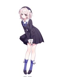 Rule 34 | 1girl, black dress, brown eyes, dress, grey hair, highres, medium hair, purple ribbon, purple socks, ribbon, s0u xx, simple background, socks, solo, thighs, ui (voisona), voisona, white background