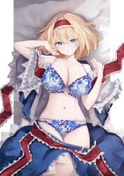 1girl alice_margatroid bare_shoulders blonde_hair blue_eyes blue_skirt border bra breasts cleavage closed_mouth clothes_pull commentary_request frilled_hairband frills hair_between_eyes hairband highres large_breasts looking_at_viewer navel open_clothes outside_border panties pillarboxed red_hairband sarasadou_dan short_hair skirt skirt_pull smile solo stomach touhou underwear white_border white_bra white_panties