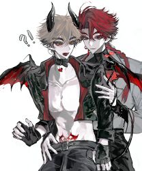 !? 2boys abs bare_pectorals belt belt_buckle bishounen black_belt black_collar black_gloves black_hair black_jacket black_pants black_shirt blonde_hair blush braid braided_ponytail buckle chinese_commentary closed_mouth collar collarbone collared_shirt cropped_jacket demon_boy demon_horns demon_tail demon_wings ear_piercing earrings eyelashes fang fingerless_gloves gloves grey_shirt groin hair_between_eyes hand_on_another&#039;s_arm hand_on_another&#039;s_hip heart highres horns hug hug_from_behind jacket jewelry limited_palette long_hair long_sleeves looking_at_another looking_at_viewer male_focus multicolored_hair multiple_boys navel official_alternate_costume open_clothes open_jacket open_mouth orange_eyes pants pectorals piercing pointy_ears pubic_tattoo red_eyes red_hair red_wings shiguang_dailiren shirt short_hair simple_background single_braid smile tail tail_around_arm tassel tassel_earrings tattoo toned toned_male turtleneck white_background wings xia_fei xiao_weiying xinjinjumin565479812119 yaoi