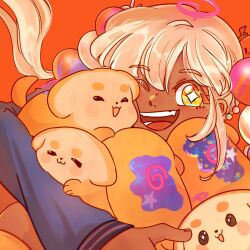 1girl animal animal_hug blonde_hair blue_jacket bread close-up dark-skinned_female dark_skin dog doll food hair_ornament holding holding_animal holding_doll hololive hololive_english jacket limiter_(tsukumo_sana) long_sleeves looking_at_viewer ministarfruit multiple_dogs one_eye_closed open_mouth orange_background planet_hair_ornament sanallite_(tsukumo_sana) sidelocks sparkling_eyes star_(symbol) tsukumo_sana twintails virtual_youtuber yellow_eyes