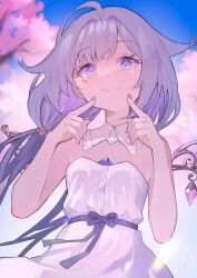 1girl absurdres alternate_costume chest_jewel closed_mouth detached_collar dress gem grey_hair highres hololive hololive_english index_fingers_raised jewel_under_eye koseki_bijou long_hair looking_at_viewer metal_wings purple_eyes purple_gemstone purple_nails smile solo uoca virtual_youtuber white_dress