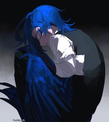 1boy artist_name bird_boy bird_wings black_background black_pants black_sweater_vest blue_hair blue_wings cass_(par0llel) collared_shirt commentary english_commentary film_grain from_behind full_body gradient_background highres hunched_over knees_up looking_at_viewer looking_back male_focus original pants par0llel parted_lips pointy_ears profile red_eyes shadow shirt short_hair short_sleeves simple_background sitting solo sweater_vest white_background white_shirt wings