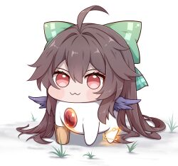 1girl :3 absurdres ahoge arm_cannon atom black_wings blush bow brown_hair closed_mouth control_rod_(touhou) doro_(nikke) feathered_wings feng_ling_(fenglingwulukong) full_body goddess_of_victory:_nikke grass green_bow hair_bow highres long_hair looking_at_viewer red_eyes reiuji_utsuho solo third_eye touhou weapon wings