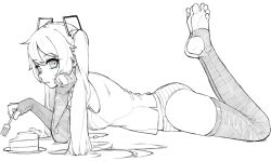 1girl absurdres ass bare_shoulders barefoot breasts cake cake_slice closed_mouth elbow_gloves feet feet_up fingerless_gloves food foot_up fork gloves hair_ornament hatsune_miku head_rest highres holding holding_fork k-rha&#039;s long_hair looking_at_viewer looking_to_the_side lying no_shoes on_stomach panties plate shirt sleeveless sleeveless_shirt soles solo stirrup_legwear striped_clothes striped_panties the_pose thighhighs toeless_legwear toes twintails underwear very_long_hair