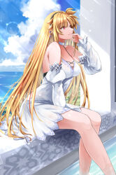 Rule 34 | 1girl, arm up, bare shoulders, blonde hair, blush, breasts, choker, cleavage, collarbone, day, dress, elbow gloves, fate testarossa, feet in water, gloves, highres, large breasts, legs, long hair, looking to the side, lyrical nanoha, mahou shoujo lyrical nanoha, ocean, one-piece dress, pool, poolside, red eyes, shiny clothes, shiny skin, sitting, sky, sleeveless, sleeveless dress, smile, solo, sougetsu izuki, thighs, white dress