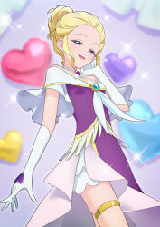 1girl :d anklet balloon bare_legs bare_shoulders blonde_hair blurry blurry_background blush commentary cosplay cowboy_shot criss-cross_halter cure_earth cure_earth_(cosplay) dress elbow_gloves forehead fuurin_asumi gloves gold_thighlet hair_bun half-closed_eyes halterneck hand_on_own_face hand_up head_tilt healin&#039;_good_precure heart heart_balloon highres indoors jewelry looking_at_viewer magical_girl off-shoulder_dress off_shoulder open_mouth precure purple_dress purple_eyes self_cosplay short_hair side_slit single_hair_bun smile solo sparkle standing thighlet tiler_(tiler00) white_gloves