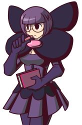 1girl black_eyes blunt_bangs bob_cut book bow breasts cleavage commentary creatures_(company) elbow_gloves endless_whispers english_commentary game_freak glasses gloves hand_up highres holding holding_book holding_pen large_bow low-cut medium_breasts nintendo pantyhose pen pokemon pokemon_bw purple_gloves purple_hair purple_pantyhose purple_skirt rimless_eyewear round_eyewear shauntal_(pokemon) short_hair skirt solo