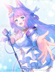 Rule 34 | 1girl, animal ear fluff, animal ears, commentary request, commission, copyright request, dress, flower, hair flower, hair ornament, hair rings, ittokyu, long hair, long sleeves, microphone, microphone stand, outstretched arm, puffy long sleeves, puffy sleeves, purple flower, purple hair, purple rose, qr code, rose, skeb commission, solo, very long hair, virtual youtuber, white dress