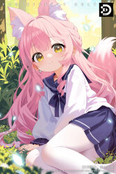 1girl animal_ear_fluff animal_ears blue_bow blue_bowtie blue_sailor_collar blue_skirt bow bowtie braid child chinese_commentary closed_mouth commentary_request dinyc earrings field film_grain fox_ears fox_girl fox_tail frilled_sleeves frills heart heart_earrings highres jewelry long_hair long_sleeves looking_at_viewer on_grass original pantyhose pink_hair pleated_skirt puffy_long_sleeves puffy_sleeves sailor_collar school_uniform serafuku shirt single_earring sitting skirt smile solo split_mouth star_(symbol) star_in_eye symbol_in_eye tail very_long_hair watermark white_pantyhose white_shirt yellow_eyes