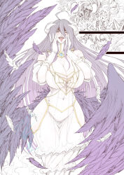 1girl absurdres ahegao albedo_(overlord) black_hair breasts cleavage demon_girl demon_horns demon_wings dress gold_necklace highres hip_vent horns jewelry jun_wu_mo large_breasts long_hair necklace overlord_(maruyama) solo wings