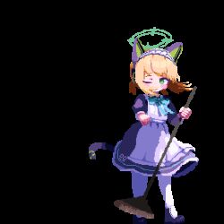 1girl animated animated_gif apron birdman46049238 black_dress black_footwear blonde_hair blue_archive blush_stickers broom dress frilled_apron frills full_body green_eyes green_halo halo holding holding_broom looking_at_viewer maid maid_headdress midori_(blue_archive) pantyhose pink_eyes pixel_art short_hair smile solo transparent_background v white_apron white_pantyhose