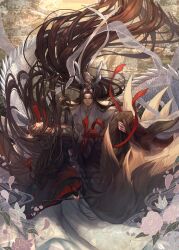 2boys absurdly_long_hair absurdres animal_ear_fluff animal_ears artist_name black_footwear black_hair black_robe black_sash boots brown_hair carrying chinese_clothes closed_eyes closed_mouth commentary_request dizi dragon_horns dragon_tail floating_hair flower flute fox_boy fox_ears fox_tail ganen_cheese hair_between_eyes hair_bun hanfu headband highres holding holding_instrument horns instrument jade_(gemstone) kitsune knee_boots kyuubi lan_wangji leaf long_hair long_sleeves male_focus mandarin_collar modao_zushi multiple_boys multiple_tails parted_bangs parted_lips petals pink_flower pink_rose princess_carry red_ribbon ribbon robe rose sash serious sidelocks single_hair_bun tail tassel transverse_flute twitter_username very_long_hair wei_wuxian wei_wuxian_(yiling_laozu) white_flower white_headband white_horns white_ribbon white_robe wide_sleeves xiangyun xiao_guan_(headdress)