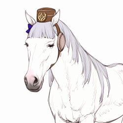 animal animal_earmuffs animal_with_hair animalization blue_bow bow brown_hat closed_mouth commentary_request cowboy_shot gold_ship_(racehorse) gold_ship_(umamusume) grey_hair hat horse kisaragi_shokuin long_hair no_humans realistic recursive_animalization simple_background sketch solo umamusume very_long_hair white_background white_fur