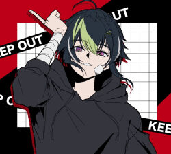Rule 34 | 1boy, ahoge, bandaged arm, bandaged head, bandages, black background, black hair, black hoodie, caution tape, commentary request, green hair, grid background, grin, hood, hoodie, inami rai, keep out, looking at viewer, male focus, multicolored hair, nagikiho, nijisanji, pink eyes, pointing, pointing up, red background, short hair, simple background, smile, solo, streaked hair, upper body, virtual youtuber