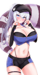 1girl absurdres bare_shoulders black_bra black_hat black_shorts blue_eyes blue_shirt blush bra breasts cleavage commission cowboy_shot crop_top detached_sleeves dungeon_and_fighter halterneck hands_up hat highleg highres large_breasts large_tail long_hair long_sleeves looking_at_viewer midriff min1910 navel newsboy_cap nose_blush original panty_straps parted_lips ponytail shirt short_shorts shorts simple_background sleeveless sleeveless_shirt solo stomach strapless strapless_bra striped_tail tail tail_raised thigh_strap thighs two-tone_shorts underwear white_background white_hair